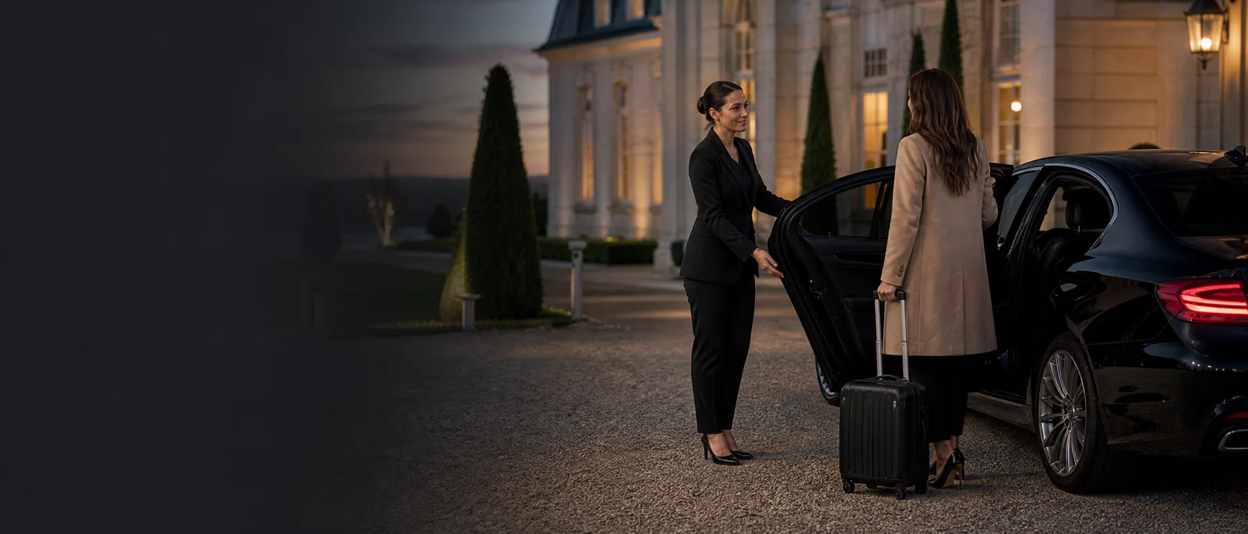 Accueil d’une cliente près d’une berline avec chauffeur privé